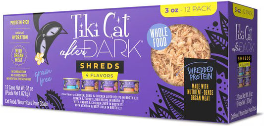 Tiki Cat After Dark Variety Pack Grain-Free Shredded Wet Cat Food, 3-oz can, case of 12